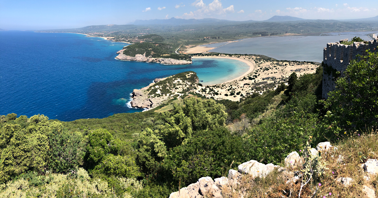 Panorama photo of Voidokilia Beach with the surrounding area including part of the Gialova Lagoon, Greece