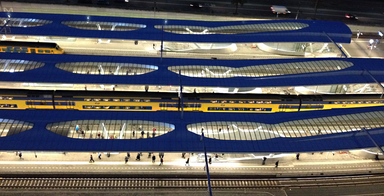 Trains on Arnhem station bij night, The Netherlands