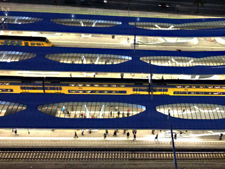 Trains on Arnhem station bij night, The Netherlands